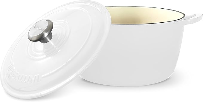 Signature Enameled Cast Iron Dutch Oven, Non-Stick Serving Pot with Tight Fitting Lid for Perfect Roasting, Baking, Sauteing, and Bread Making | 5.5Q (5.2L) - White