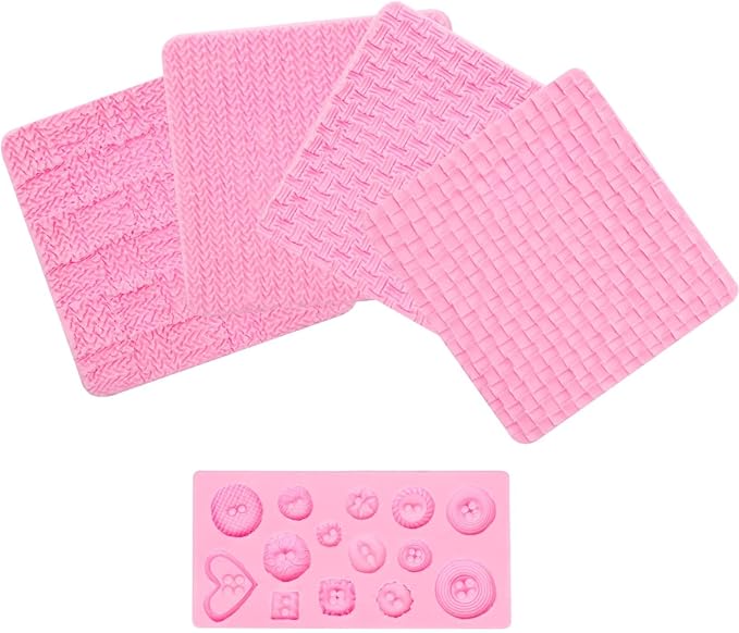Fondant Impression Mats Molds, Knitting with Button Silicone Chocolate Molds (5 Packs), Sweater Design Knit Impress Texture Stamp Mat for Baby Shower, Birthday Cake Decorating Cupcakes Topper