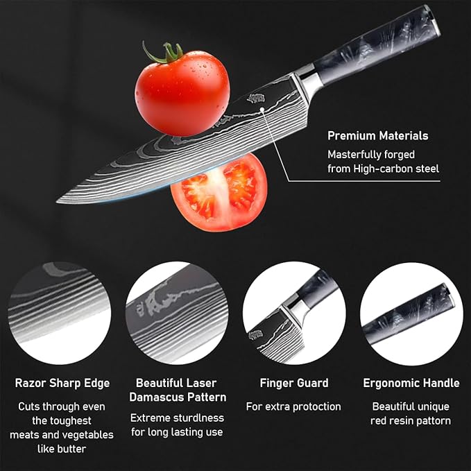 10-Piece Premium Japanese Kitchen Knife Set - Imperial Collection, Laser Damascus Pattern, 440A Stainless Steel Ultra Sharp for Fast Cutting (Black)
