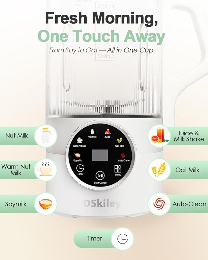 Nut Milk Maker Machine – 40oz Glass Almond, Soy & Oat Milk Maker with Juice Maker – No Soaking Required, Self-Cleaning, Delay Timer, Ultra-Smooth & High Yield (White, 40oz)