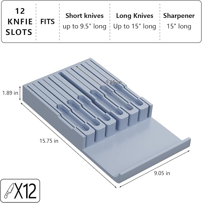 Domax Bamboo In-drawer Knife Block - Knife Drawer Organizer Insert Large Handle Steak Knife Holder, Kitchen Drawer Knife Organizer Fits for 12 knives and 1 Sharpening Steel (Not Included), Gray