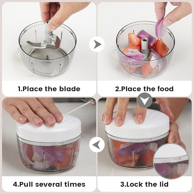 Manual Food Processor & Vegetable Chopper Green - 2.3 Cup Mini Hand-Pull Cord Kitchen Chopper for Onion, Garlic, Vegetables with 3 Stainless Steel Blades