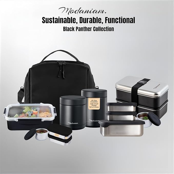 Flexibento - Leak proof Stainless Steel Bento Box | Stainless steel Snack Containers | Food Containers with Silicone Lids | Metal Food Containers| Bentobox - Black, 52 Oz Set (set of 5)