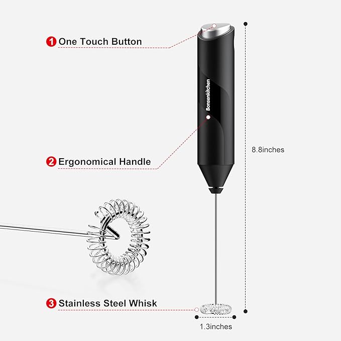 Bonsenkitchen Electric Milk Frother Handheld, Portable Whisk Milk Foam Maker, Drink Mixer for Coffee, Matcha, Electric Stirrer Coffee Mixer, Battery Operated(Not Included)