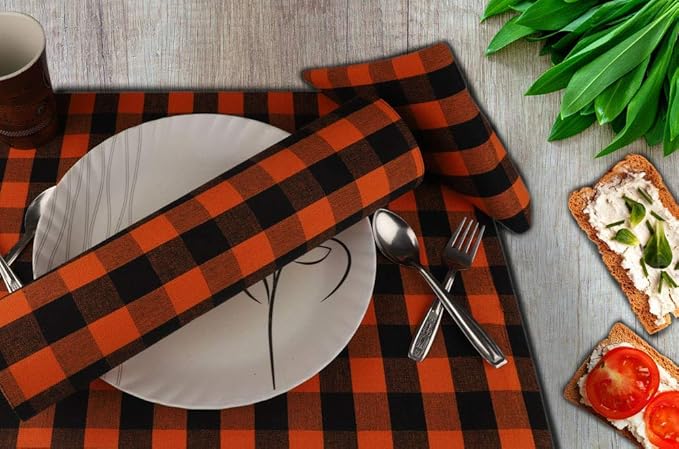 Urban Villa Halloween Cloth Napkins Back Orange Checks Dinner Napkins 20''x20'' (Set of 12) 100% Cotton Absorbent Napkins Soft Durable Reusable Washable Ideal for Events Parties Everyday use