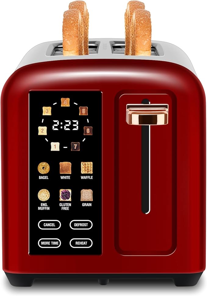 SEEDEEM Toaster 2 Slice with Touch Screen, Faster Heating Speed, 7 Shade Setting, 6 Bread Type, 1.5”Wide Slots Toaster, Removable Crumb Tray, 1350W, Dark Cherry