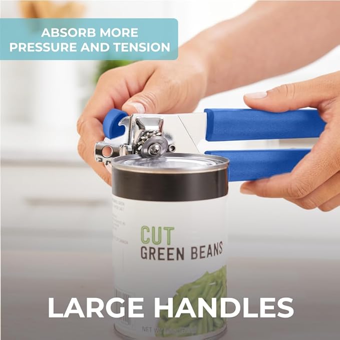 Kitchen Genie Slip Resistant Stainless Steel Manual Can Opener, Sharp Blade for Smooth Edge Cuts, Easily Open Cans, Ergonomic Handles with Easy to Turn Knob, Built-In Bottle Openers, Cobalt Blue