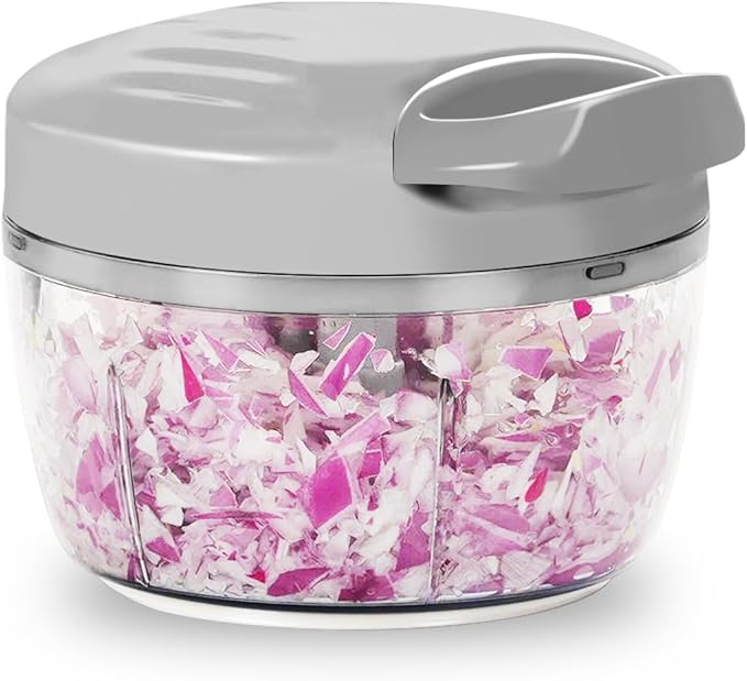 Manual Food Processor & Vegetable Chopper Grey - 2.3 Cup Mini Hand-Pull Cord Kitchen Chopper for Onion, Garlic, Vegetables with 3 Stainless Steel Blades