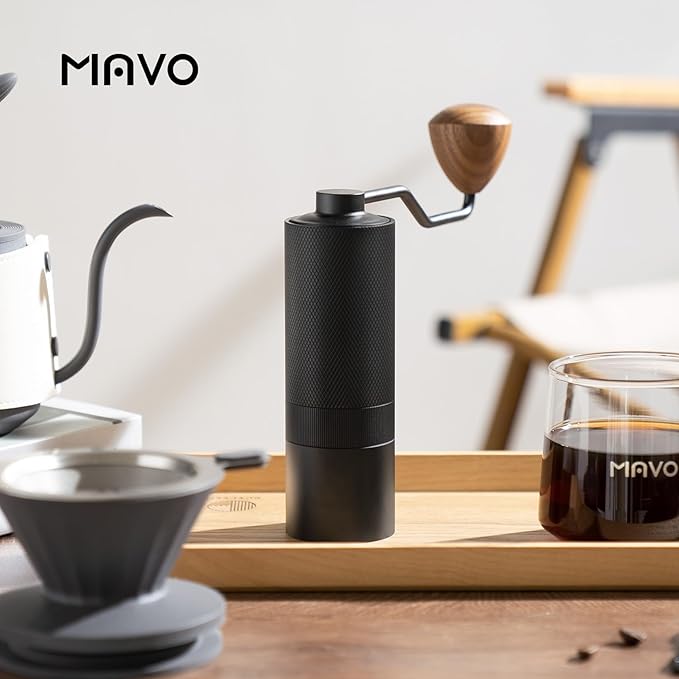 MAVO Manual Coffee Grinder, Wizard Hand Coffee Grinder, Capacity 25g with CNC Stainless Steel Hexagonal Conical Burr, Adjustable Setting, Burr Coffee Bean Grinder for French Press, Pour Over, Black