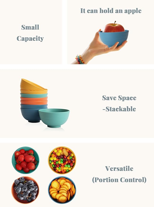 Homienly Wheat Straw Small Bowls, Unbreakable Dessert Bowls 8 PCS, 10 OZ Small Plastic Bowl for Kitchen, Microwave & Dishwasher Safe Mini Bowl for Snack, Ice Cream, Yogurt,Portion Control(Multi)