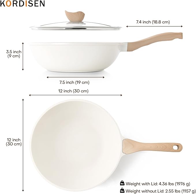 Kordisen Nonstick Wok with Lid, 12 Inch Woks & Stir-fry Pans, Healthy Coating Induction Cookware, Compatible with All Stovetops, PFOA Free (Cream White)