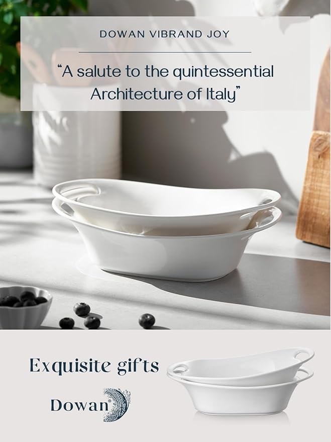 DOWAN Large Serving Bowls with Handles, 60 OZ Oval Serving Platter for Turkey, Fruit Salad Serving Dishes for Entertaining, Porcelain Pasta Bowls for Thanksgiving Day, Parties, Set of 2, Soft White