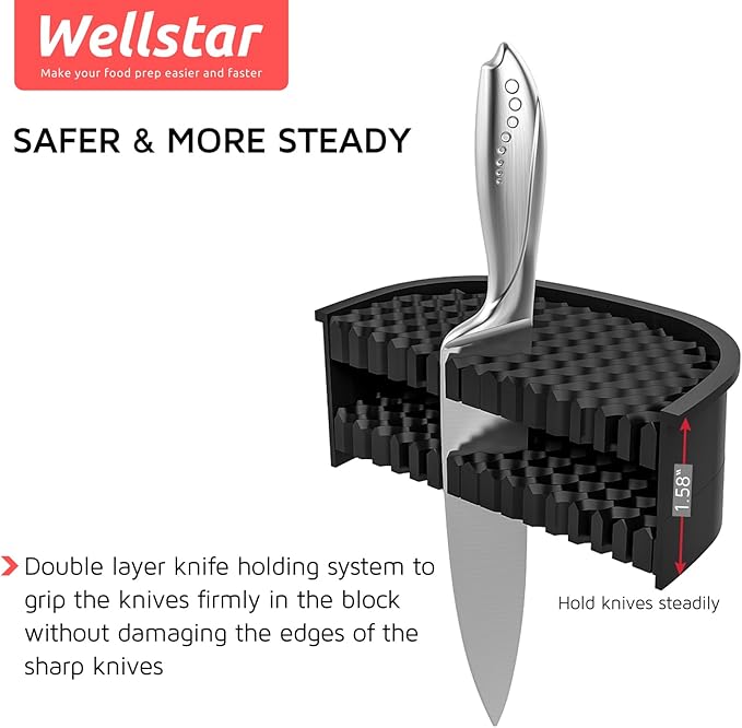 Universal Knife Block Holder for Kitchen, WELLSTAR Knife Stand without Knives, Safe Space Saver Large Volume Stable Knife Storage with Scissors Slot, Detachable for Easy Cleaning – Black