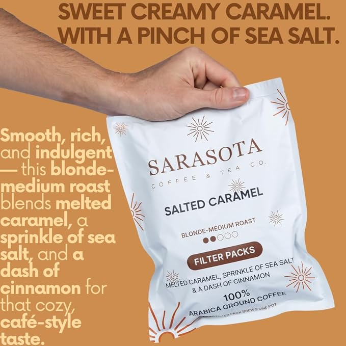 Ground Flavored Coffee In Filter Packs | Medium Roast Low Acid Mold Free Pouches | Sampler Packets | Salted Caramel Gourmet Powder Bags for 10-12 Cup Drip Maker | Highest Rated Individual Premeasured Coffee