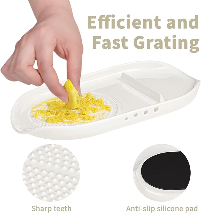 WhiteRhino 4 in 1 Ceramic Garlic Grater with Egg Cracker,Spoon Rest and Herb Stripper, Ginger Grater Plate for Grinding Wasabi Fruits Vegetables Ginger Garlic Cheese(6.76inx3.7in)