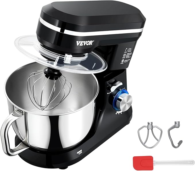 VEVOR Stand Mixer, 5QT Dough Mixer, 10+P Speeds Tilt-head Food Mixer, Kitchen Mixer with Stainless Steel Bowl, Dough Hook, Wire Whip, Beater, Scraper, Household Stand Mixer for Baking Mixing, Black