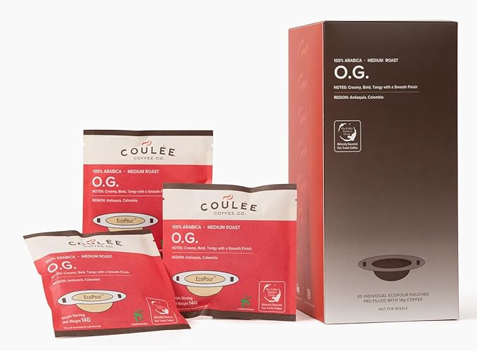 Coulée EcoPour O.G. Coffee, Single Serve Pour Over Colombian Coffee, Medium Roast, Use for Camping or Traveling, Pre Filled Compostable Filters, Ready to Brew with Hot Water, 20 Pack