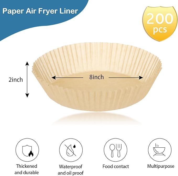 200PCS Air Fryer Paper Liners, Disposable Non-Stick Air Fryer Parchment Paper Fit 4-8QT Air fryer Basket Oil Resistant, Waterproof Baking Paper Roasting Microwave (Round,8 Inch)