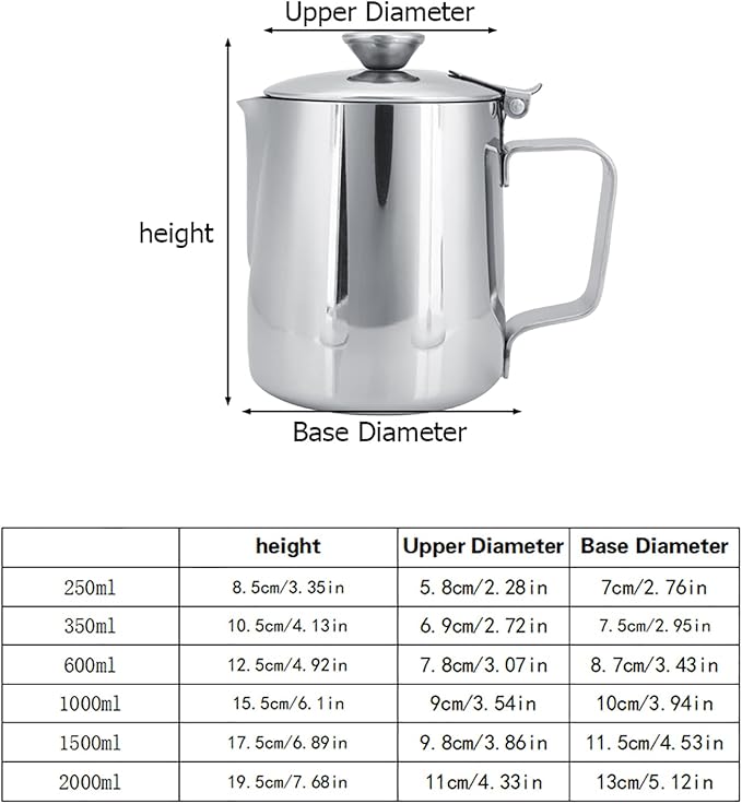 Milk Frothing Pitcher, Stainless Steel Coffee Cup Mug Milk Frothing Pitcher Jug with Lid and Handle Cappuccino Latte Coffee Art for Home Office Kitchen Coffee Shop, Silver(600ml)