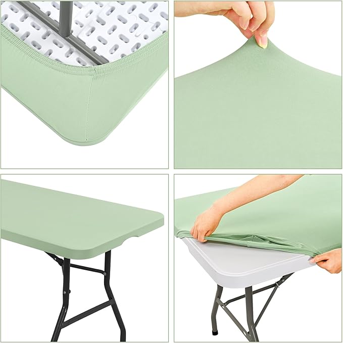10 Pack Fitted Tablecloth for 6 Foot Rectangle Tables, Sage Green Elastic Outdoor Picnic Table Cover, Washable Stretch Folding Table Cloths 6 ft for Camping Party Patio Kitchen Banquet, 30" W x 72" L