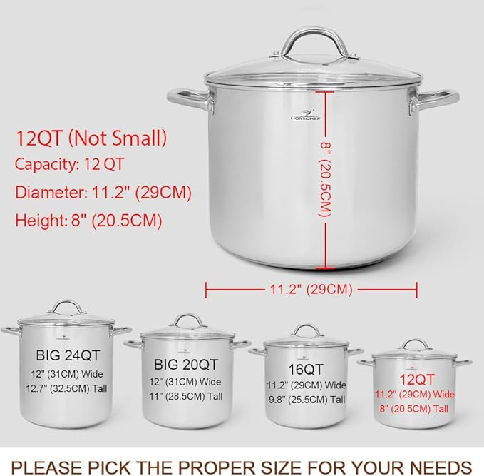 HOMICHEF 12 Quart LARGE Stock Pot with Glass Lid - NICKEL FREE Stainless Steel Healthy Cookware Stockpots with Lids 12 Quart - Mirror Polished Induction Pot - Commercial Grade Soup Cooking Pot