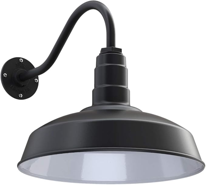 Steel Lighting Co. Gardena Barn Light | Outdoor Wall Mounted | 16" Dome | 16" Gooseneck | Farmhouse Light Made in America | Matte Black Exterior/White Interior