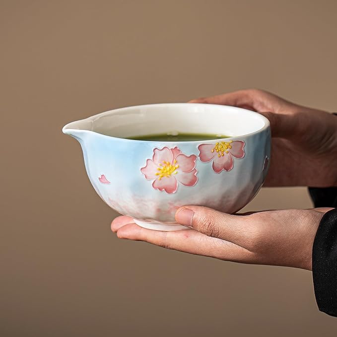 Clay&Fire Matcha Whisk Set，9 Pcs Ceramic Matcha Set, 15 OZ Matcha Bowl with Spout and Whisk，Matcha Kit for Friend, Ideal Gift for Matcha Lover（Cherry）
