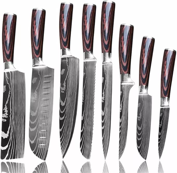 Epicurean Cook Majesty Series 8-Piece Premium Japanese Kitchen Knife Set - Ultra Sharp Laser Damascus Pattern - Professional Chef Hibachi Knives - Juego de Cuchillos para Cocina Profesional