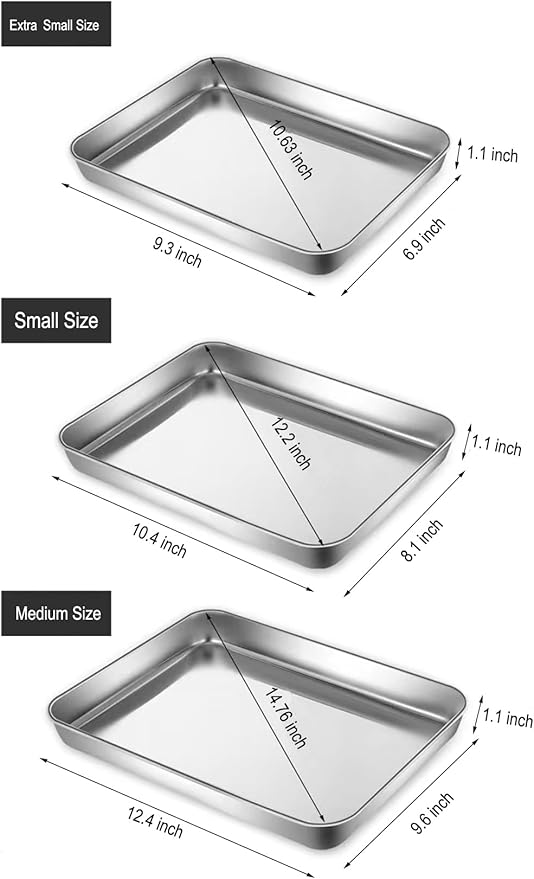 Extra Small Baking Sheet Pans Stainless Steel 304 Tiny Serving Tray 9.3 x 6.9 x1.1Inch (Diagonal 10.63) Dishwasher Safe No Rust Reheat Food for 1~2 Person 2 Pack