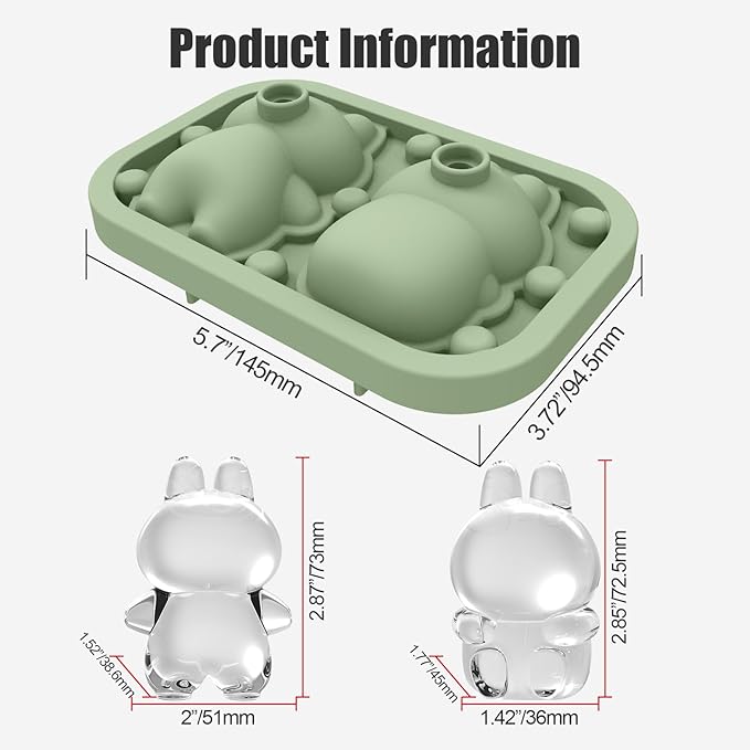 3D Rabbit Shapes Ice Cube Mold Silicone Large Ice Cube Molds 2.5 inch Animal Ice Cube Tray for Cocktails, Bourbon,Brandy, Whiskey Gifts for Men (Green)