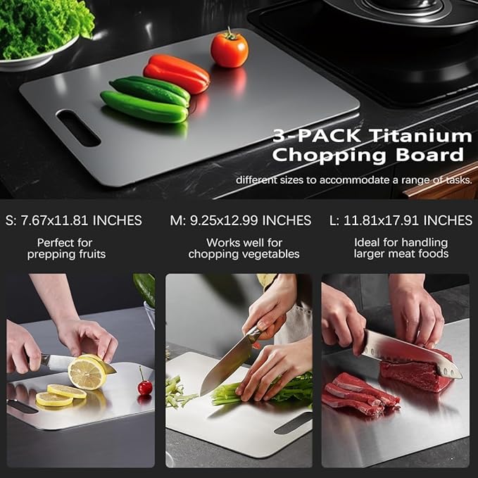 Titanium Cutting Board Set of 3,100% Pure Titanium Cutting Boards for Kitchen Double Sided,Hygiene Durable Dishwasher,Fruit & Vegetables （3P-S)