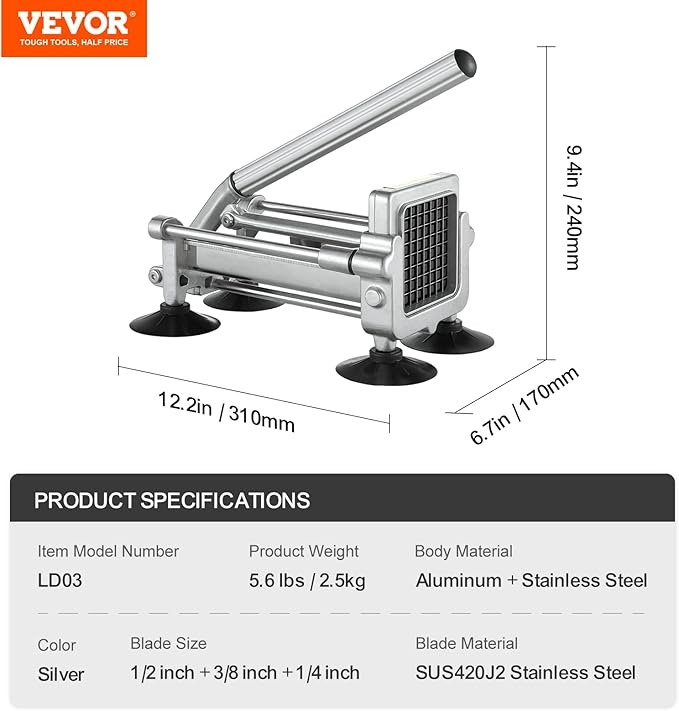VEVOR French Fry Cutter, Potato Slicer with 1/2", "3/8", "1/4 Stainless Steel Blades, Manual Potato Cutter Chopper with Suction Cups, Great for Potato, French Fries, Cucumber, Vegetables, Carrot