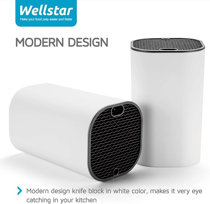 Universal Knife Block for Kitchen, WELLSTAR Knife Holder without Knives, Safe Space Saver Large Volume Stable Knife Storage with Scissors and Sharpening Rod Slot, Detachable for Easy Cleaning - White