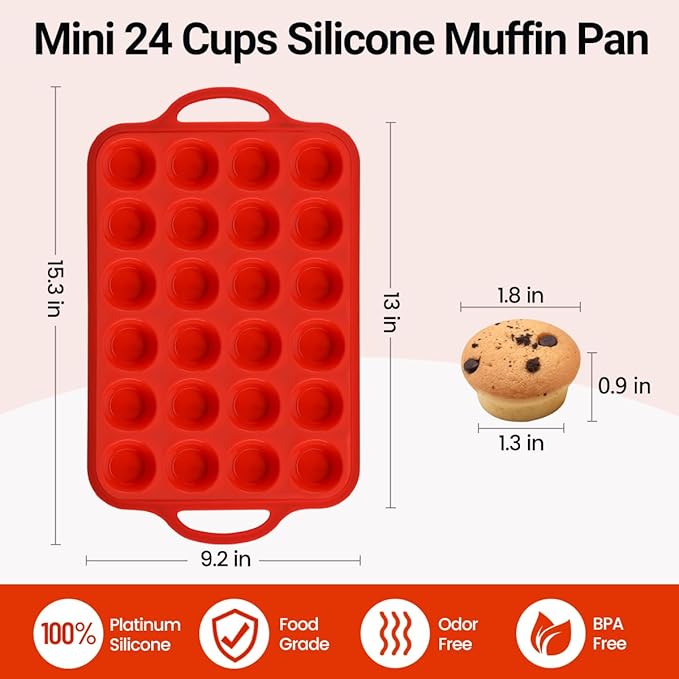 CAKETIME Silicone Mini Muffin Pan, Metal Reinforced Frame 24 Cups Mini Muffin Tin with Handles BPA Free Muffin Silicone Molds for Baking Muffins, Cupcakes, Egg Bites 2 Pack, Red