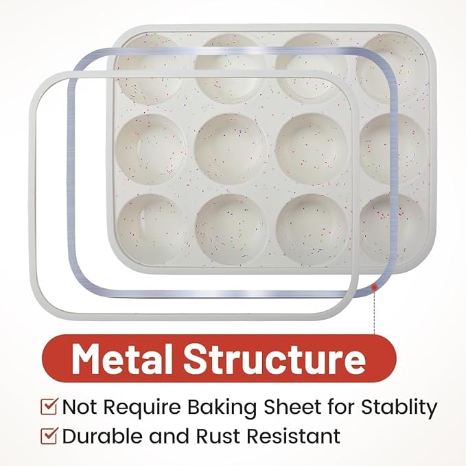 Silicone Muffin Pan, Metal Reinforced Frame Cupcake Pan 12 Cups Regular Size Easy to Move in or Out of Oven Non-Stick (2)