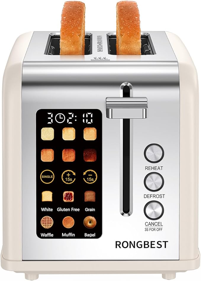 2 Slice Touch Screen Toaster, Stainless Steel Toaster with Wide Slots for Bagels and Bread, Reheat/Defrost/Cancel Functions, Removable Crumb Tray, Cream Color
