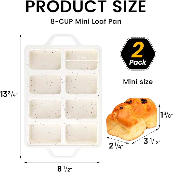Vinino Silicone Mini Loaf Pans with Metal Reinforced Frame-2 Pack, Non-stick Silicone Bread Pan for Baking 8-Cavity, Tiny Banana Bread Set, Dishwasher Safe Brownie Pan-Cream