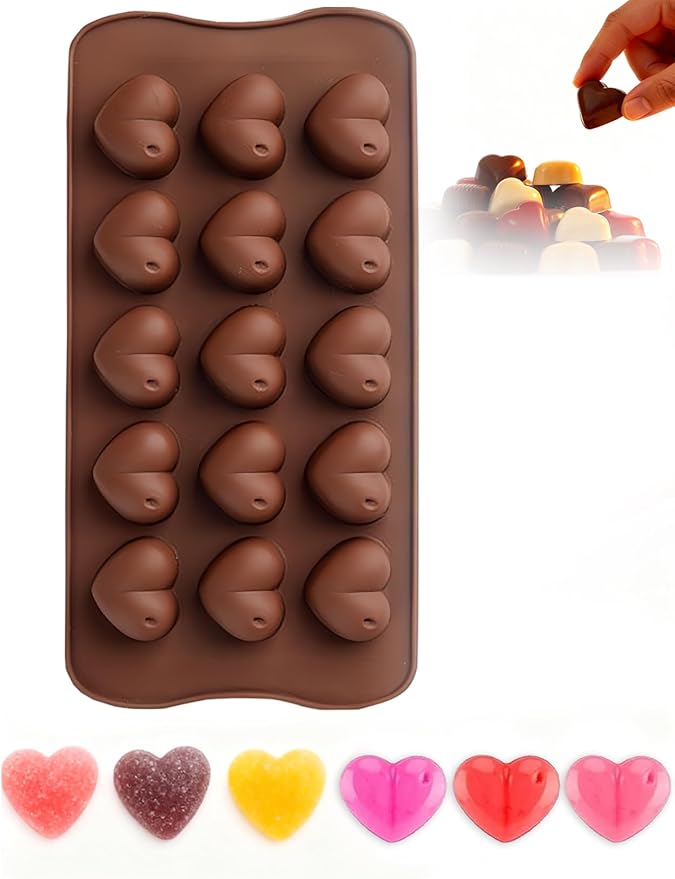 Silicone Chocolate Mold, Heart Shaped Cavities for Easy Release Treats 15 Cavity Candy Bar Gummy Molds for Valentine Baking, Pistachio, Candy, Snacks
