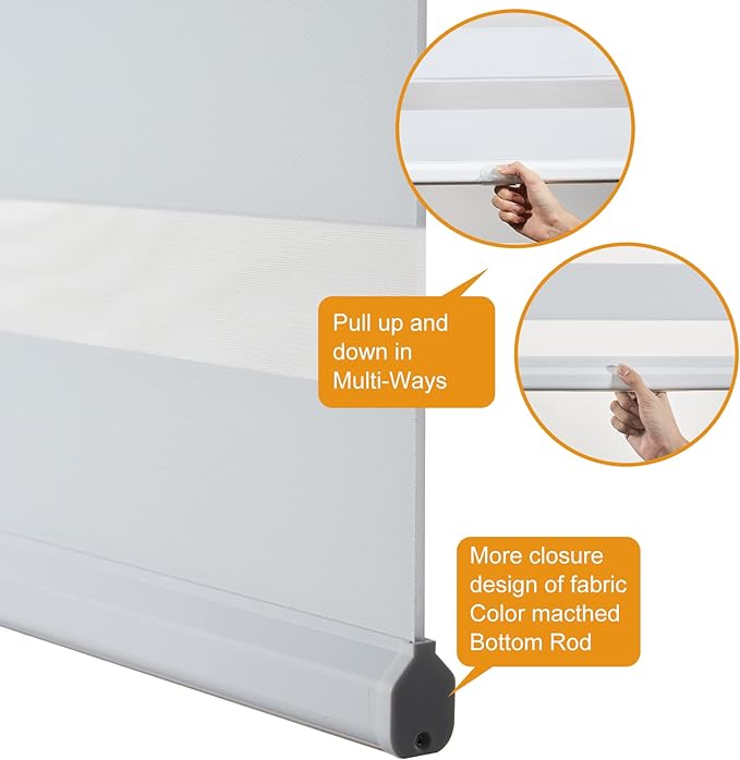 Persilux Cordless Zebra Blinds for Windows (27" W X 64" H, White) Free-Stop Roller Windows Shades Dual Layer Light Control for Day and Night, Light Filtering Sheer Shades for Home, Easy to Install