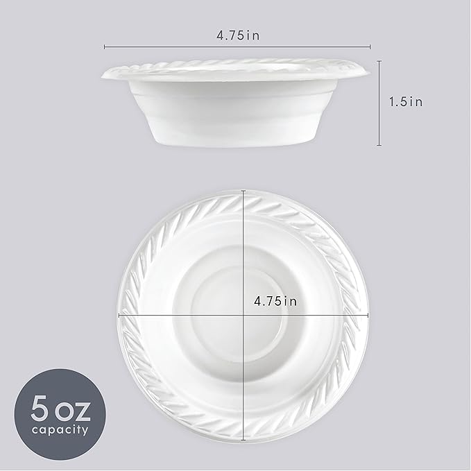 PLASTICPRO 5 ounce Round Plastic Dessert Bowls Microwaveable, Disposable, White, Dinnerware 100 Count