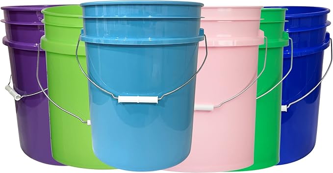 House Naturals 5 Gallon Food Storage Grade Plastic Bucket - Made in USA (Pack of 6 Color Buckets)