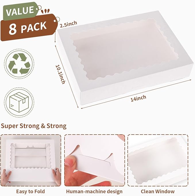 8 Pcs Cookie Boxes,14x10x2.5 Inch Large Bakery Boxes with Window for Pies Chocolate Strawberries Muffins Donuts Pastry Dessert Christmas(Brown) (White, 14 * 10 * 2.5inch/8pcs)