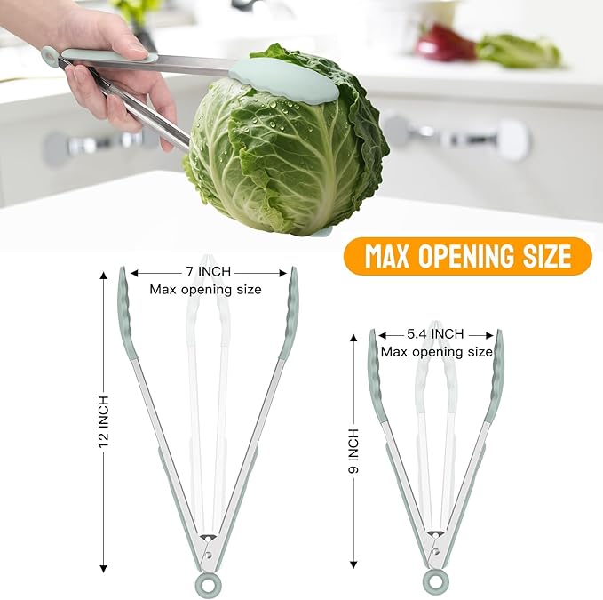 Hotec Premium Stainless Steel Locking Kitchen Tongs with Silicon Tips, Set of 2-9" and 12" Light Green
