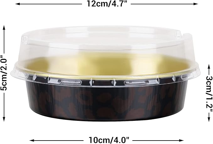 Beasea 100 Pack 4” Mini Pans with Lids, 8oz Disposable Aluminum Baking Foil Tins Round Small Dark Red Spot Container for Individual Cupcake Dessert Muffin Ramekin Cheesecake Quiche Oven Dishes