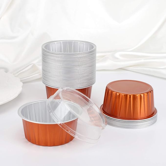 EUSOAR Aluminum Foil Cups, 5oz 50pcs muffin Baking Cups with Lids, 3.34"x2.59"x2.35" 125ml Snacks Desserts Flan, Cupcake Pie Ramekin, Recyclable Catering Party Favor Baking Cups-Caramel