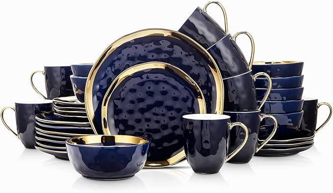 Stone Lain Florian Modern Porcelain Dish Set, 32-Piece Dishes for 8, Gold and Blue