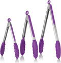 U-Taste Kitchen Tongs, 7/9/12 inches Cooking Tongs, with 600ºF High Heat-Resistant Non-Stick Silicone Tips, 18/8 Stainless Steel Handle, for Food Grill, Salad, BBQ, Frying, Serving, Pack of 3(Purple)