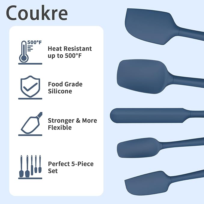 Coukre Silicone Spatula Set of 5,High Temperature Resistant, Food Grade Silicone, Dishwasher Safe, for Baking, Cooking (Pure Deep Blue)