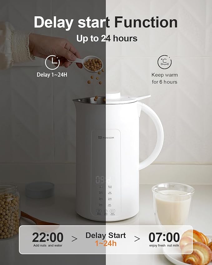 MOKKOM Nut Milk Maker, 42oz Automatic Almond Milk Machine for Homemade Plant-Based Milk, Oats, Soy, Dairy Free Beverages, Soy Milk Maker with Delay Start/Keep Warm/Self-Cleaning/Boiling, White