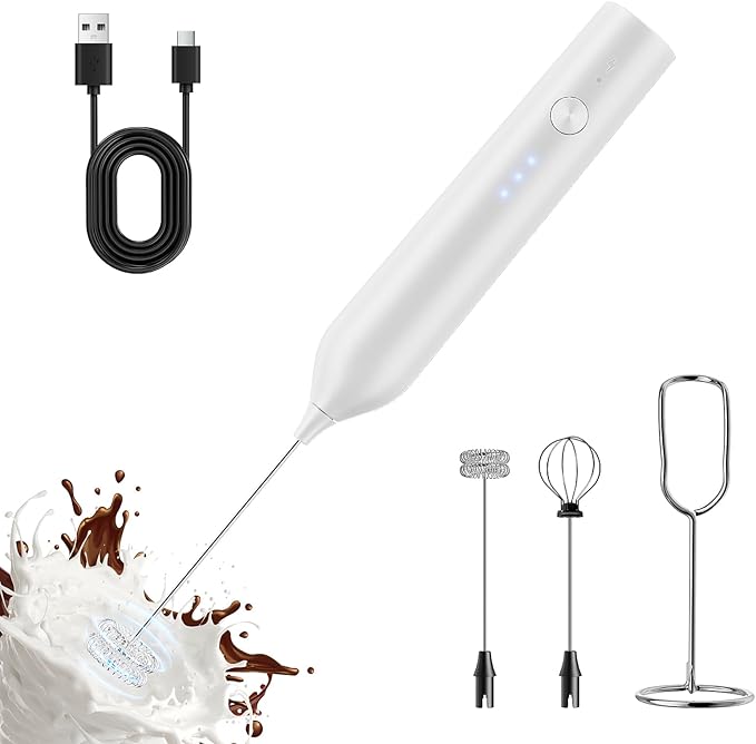Rechargeable Milk Frother with Stand, Electric Frother Wand Handheld Coffee Foam Maker Detachable Stainless Steel Whisk Drink Mixer Foamer for Latte, Cappuccino, Hot Chocolate, Egg (White)